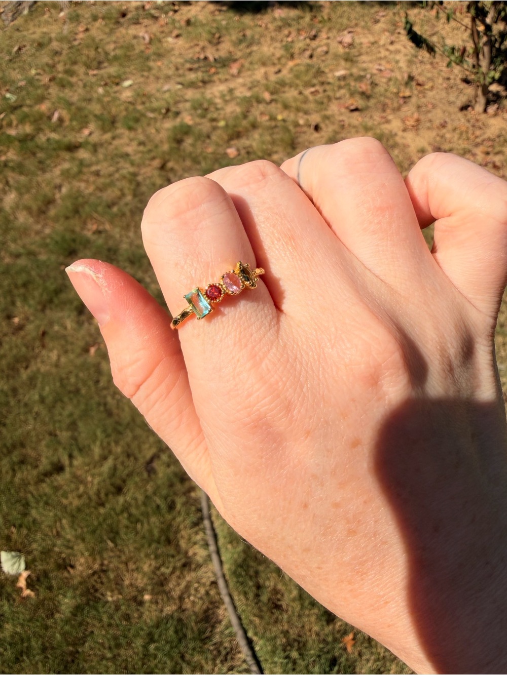 Gold plated Multistone Stackable Ring - Pink & Green sz 10